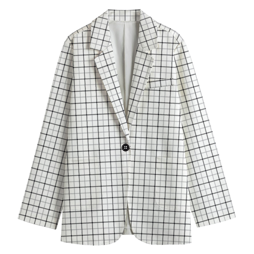 White Tattersall Pattern Print Women's Cotton Blazer
