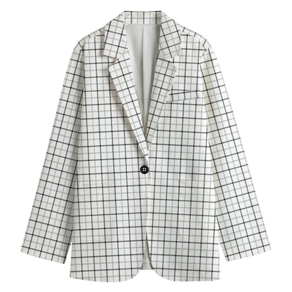 White Tattersall Pattern Print Women's Cotton Blazer