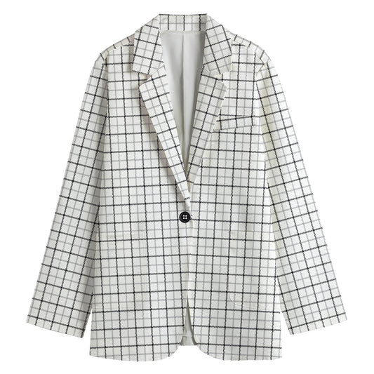 White Tattersall Pattern Print Women's Cotton Blazer