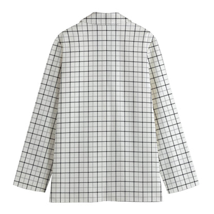 White Tattersall Pattern Print Women's Cotton Blazer