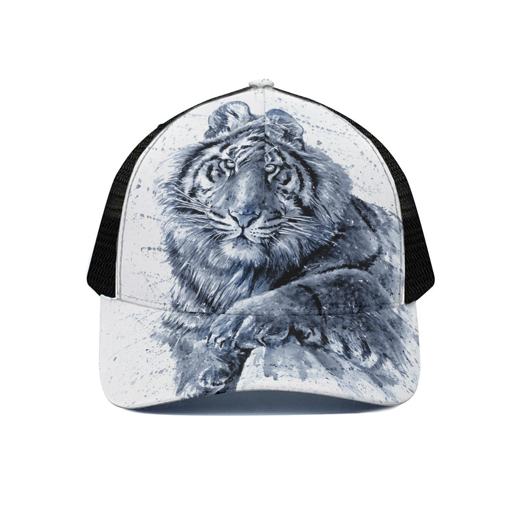 White Tiger Painting Print Black Mesh Trucker Cap