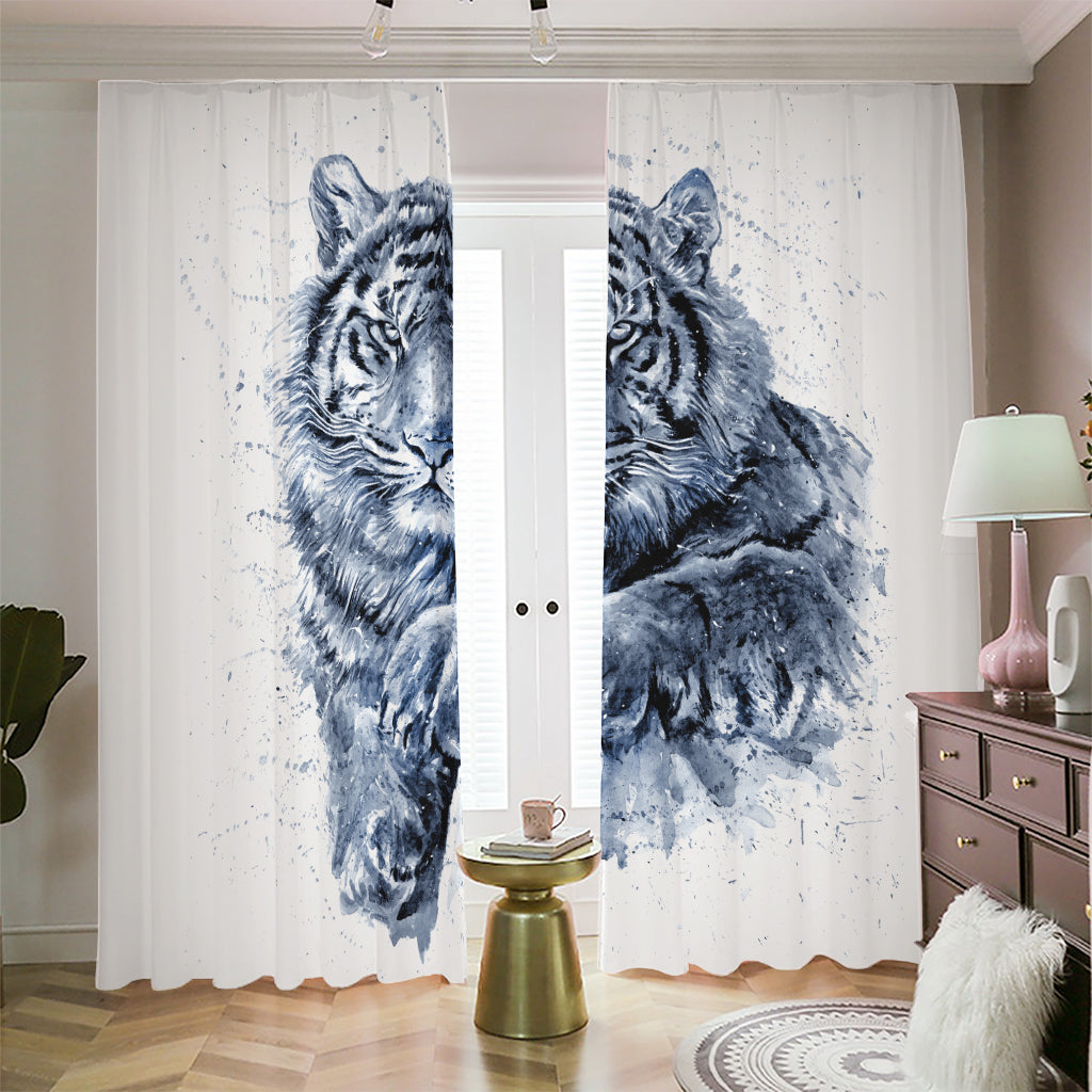 White Tiger Painting Print Blackout Pencil Pleat Curtains
