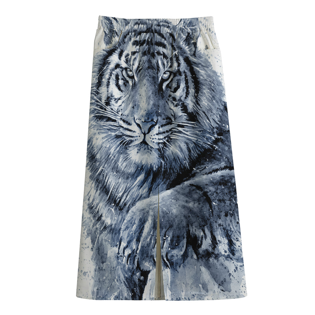 White Tiger Painting Print Cotton Front Slit Maxi Skirt