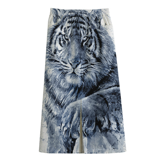 White Tiger Painting Print Cotton Front Slit Maxi Skirt