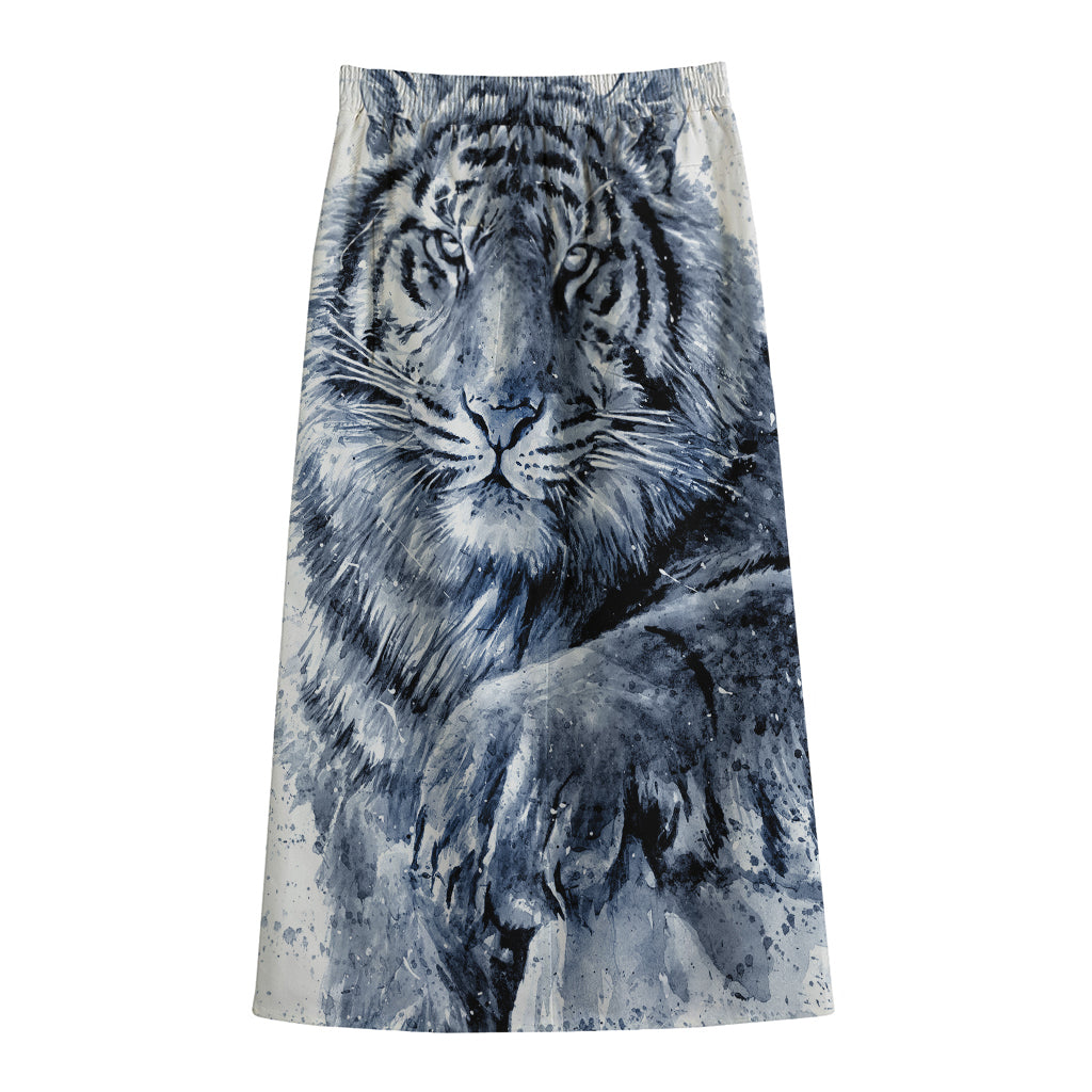 White Tiger Painting Print Cotton Front Slit Maxi Skirt