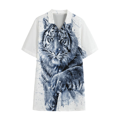 White Tiger Painting Print Cotton Hawaiian Shirt