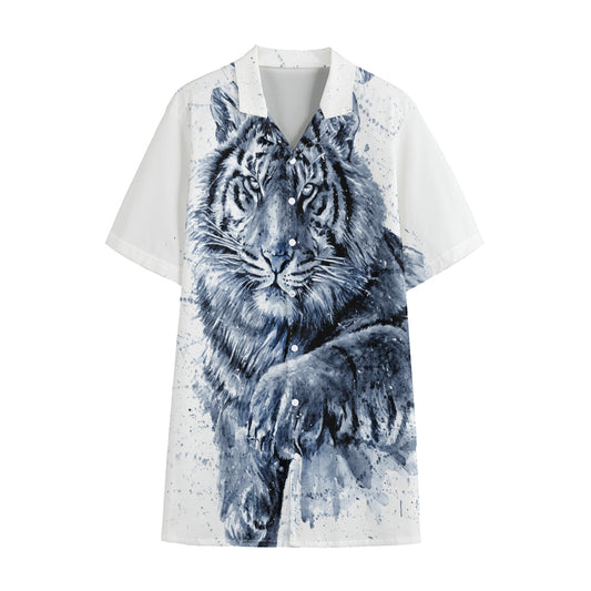 White Tiger Painting Print Cotton Hawaiian Shirt