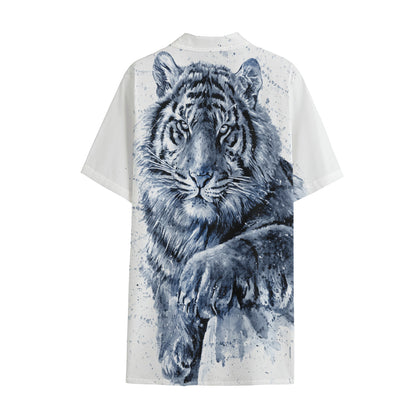 White Tiger Painting Print Cotton Hawaiian Shirt