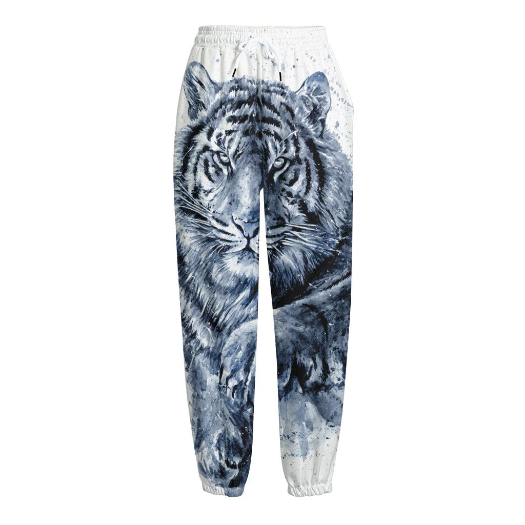 White Tiger Painting Print Fleece Lined Knit Pants