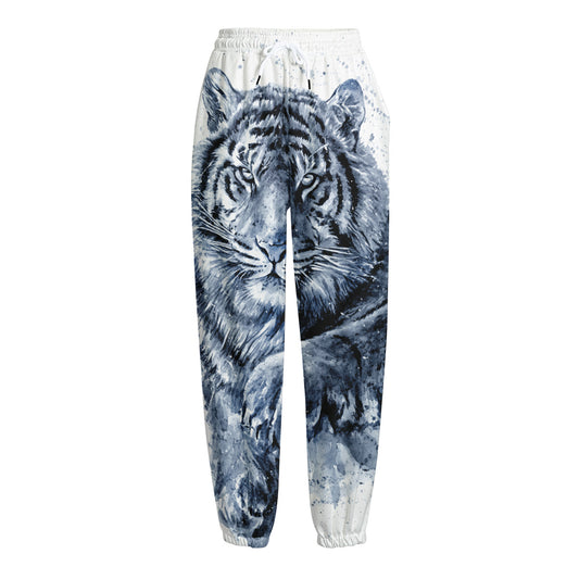 White Tiger Painting Print Fleece Lined Knit Pants