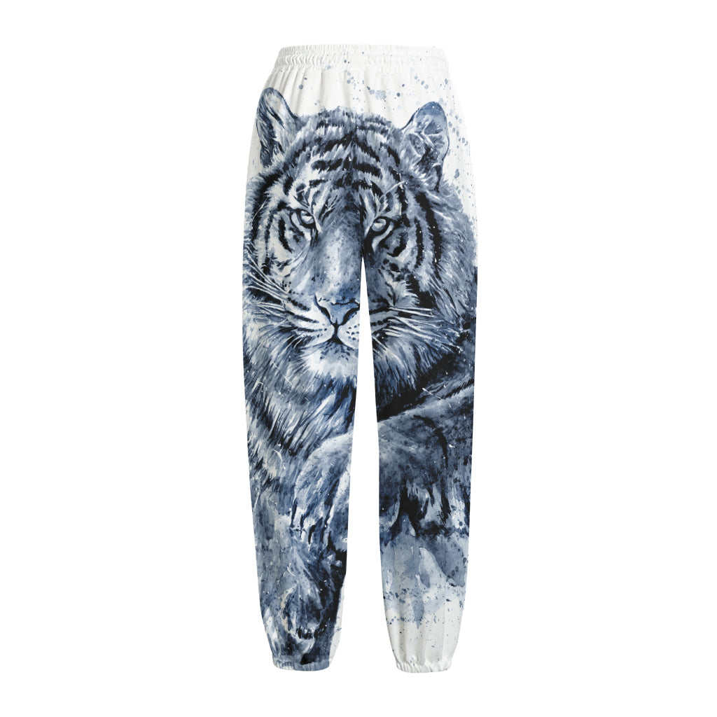White Tiger Painting Print Fleece Lined Knit Pants