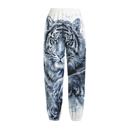 White Tiger Painting Print Fleece Lined Knit Pants