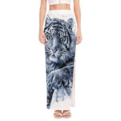 White Tiger Painting Print High Slit Maxi Skirt