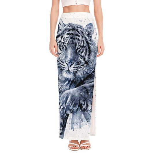 White Tiger Painting Print High Slit Maxi Skirt