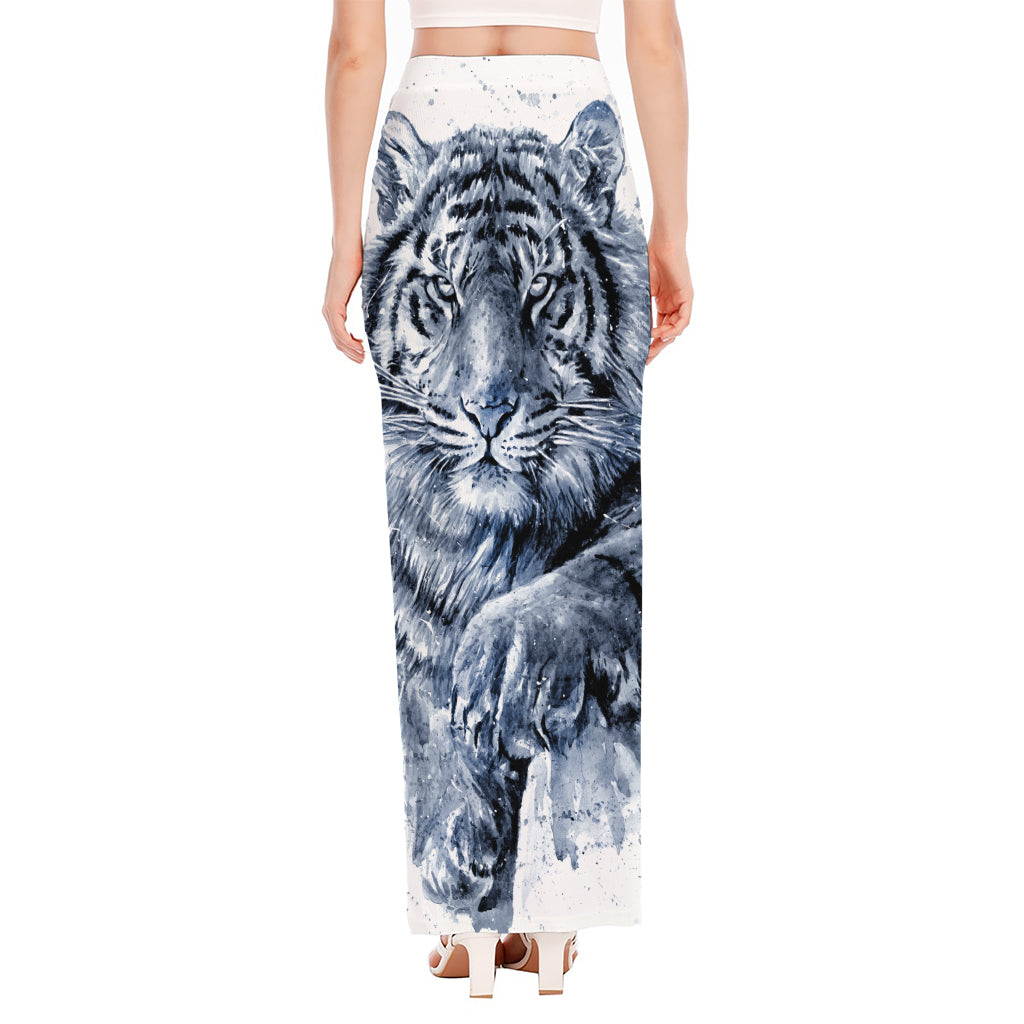 White Tiger Painting Print High Slit Maxi Skirt