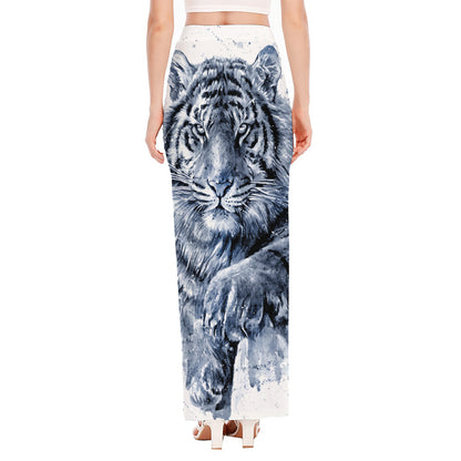 White Tiger Painting Print High Slit Maxi Skirt