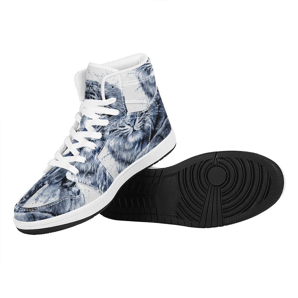 White Tiger Painting Print High Top Leather Sneakers
