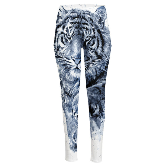 White Tiger Painting Print High-Waisted Pocket Leggings
