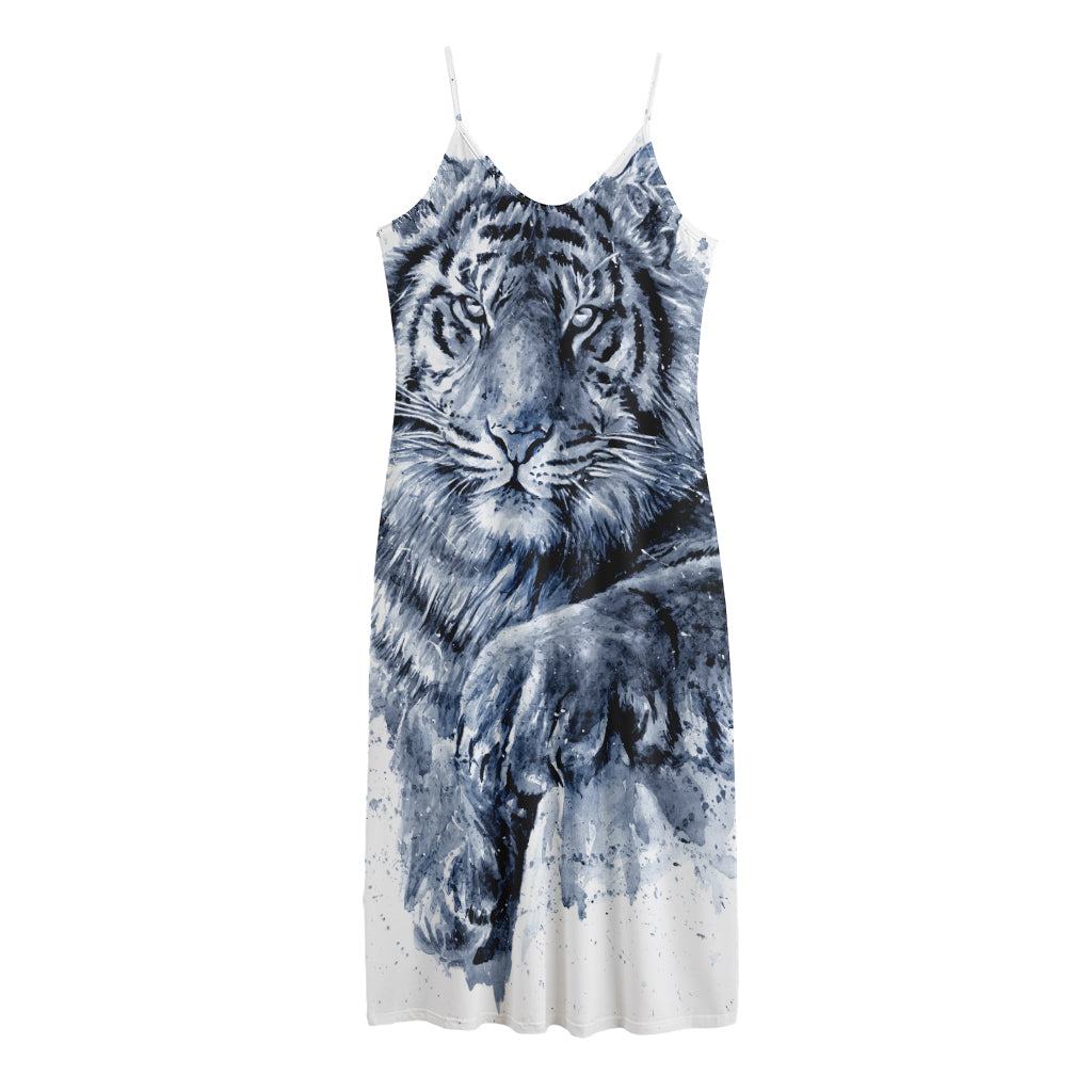 White Tiger Painting Print Jersey Midi Cami Dress