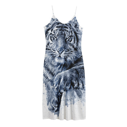White Tiger Painting Print Jersey Midi Cami Dress