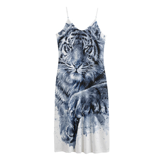 White Tiger Painting Print Jersey Midi Cami Dress