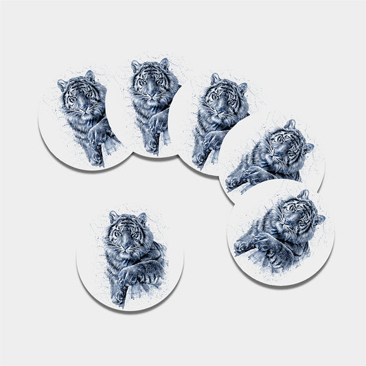 White Tiger Painting Print Leather Coaster Set