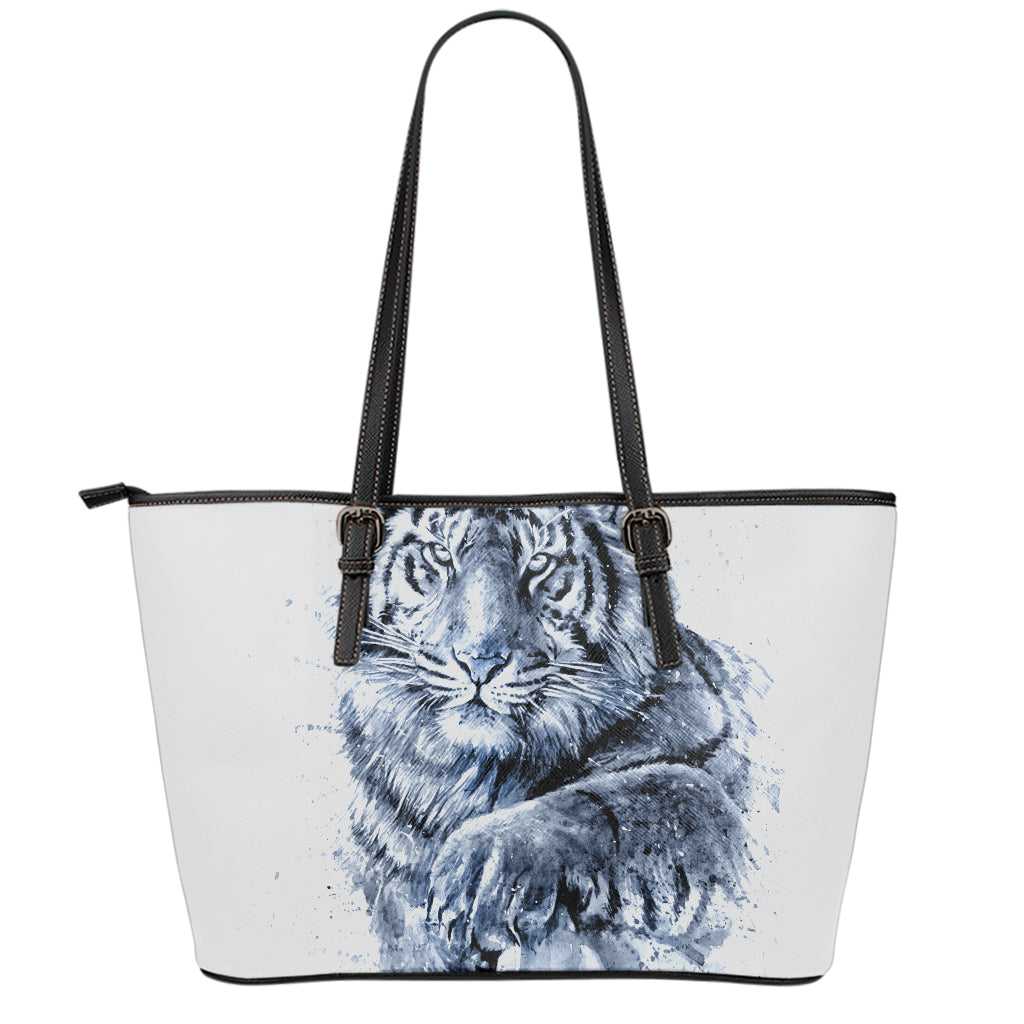 White Tiger Painting Print Leather Tote Bag