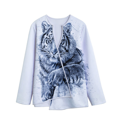 White Tiger Painting Print Long Sleeve Short Coat