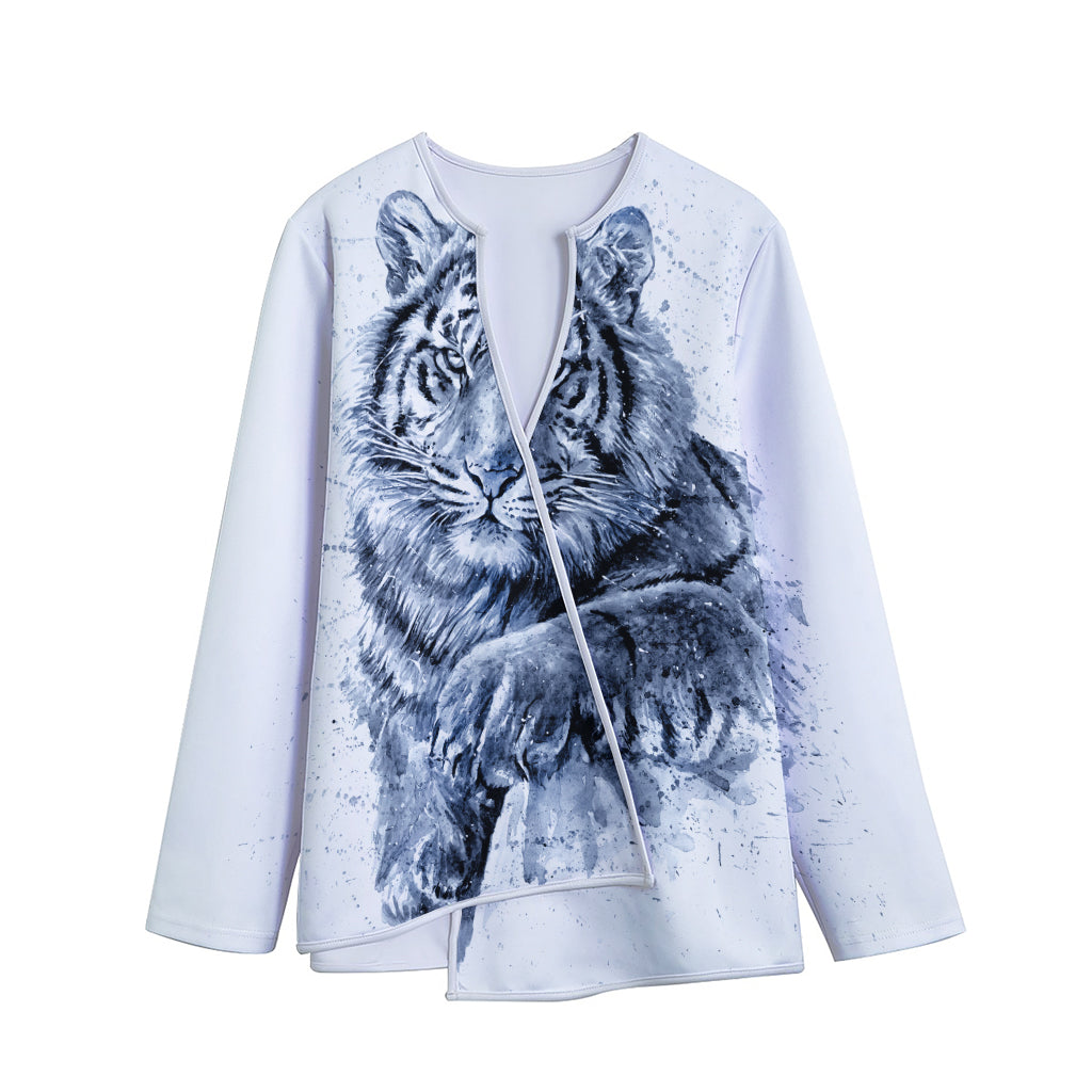 White Tiger Painting Print Long Sleeve Short Coat
