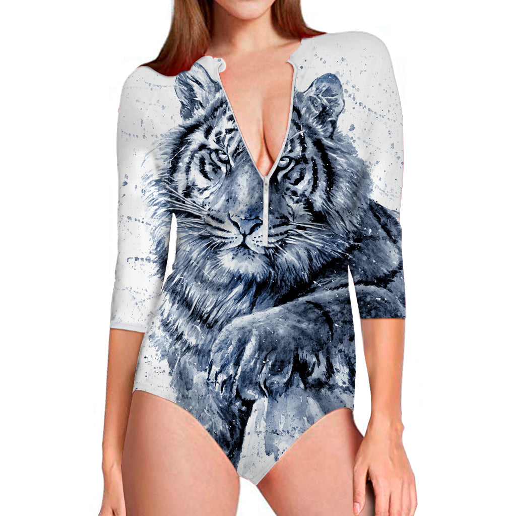 White Tiger Painting Print Long Sleeve Swimsuit