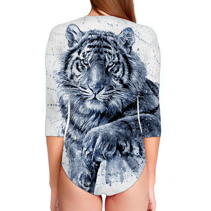 White Tiger Painting Print Long Sleeve Swimsuit