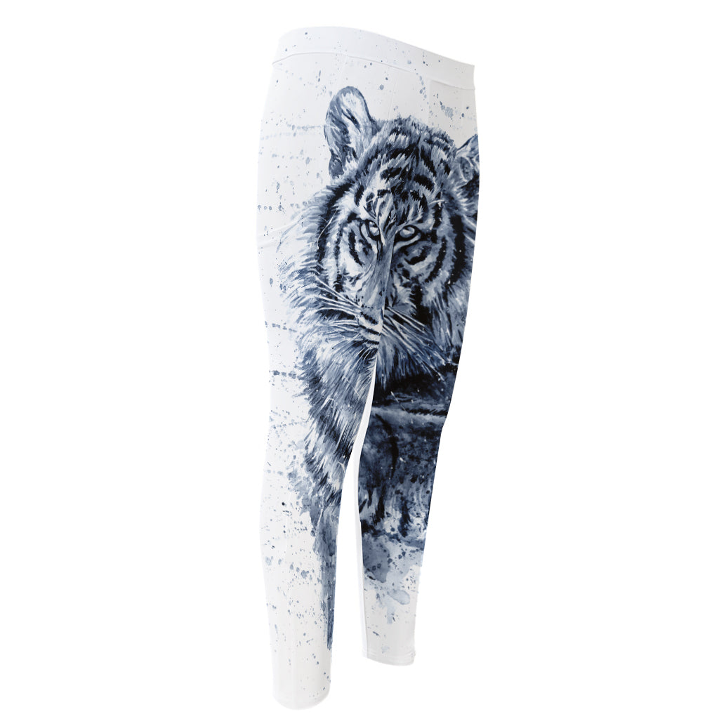 White Tiger Painting Print Men's Compression Pants