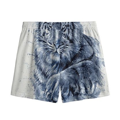 White Tiger Painting Print Mesh Shorts