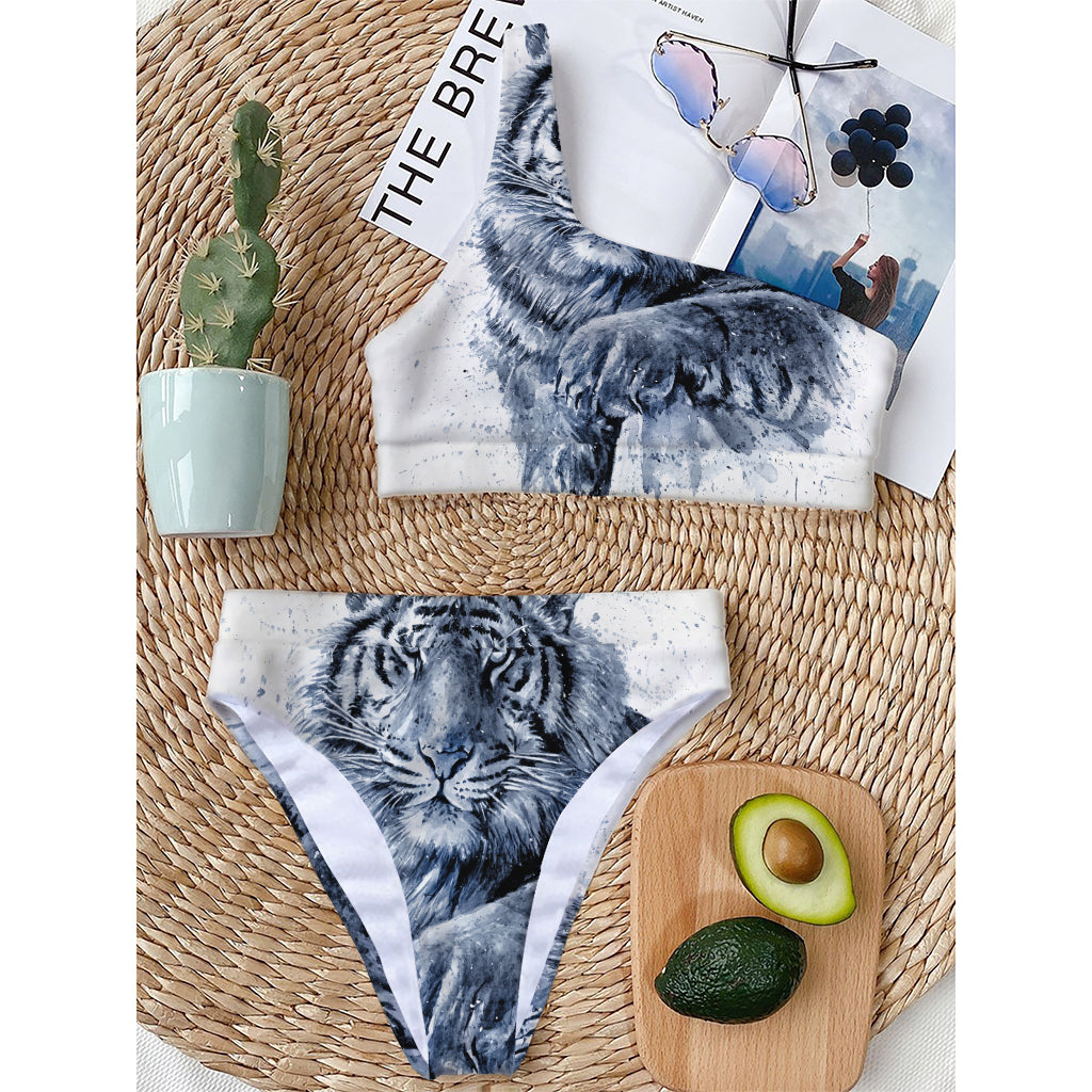 White Tiger Painting Print One Shoulder Bikini Top