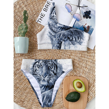 White Tiger Painting Print One Shoulder Bikini Top