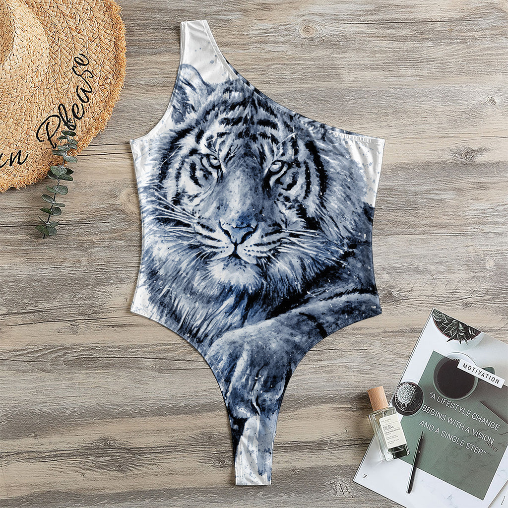 White Tiger Painting Print One Shoulder Bodysuit
