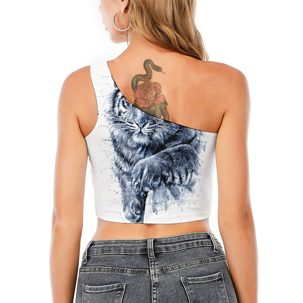 White Tiger Painting Print One Shoulder Crop Top