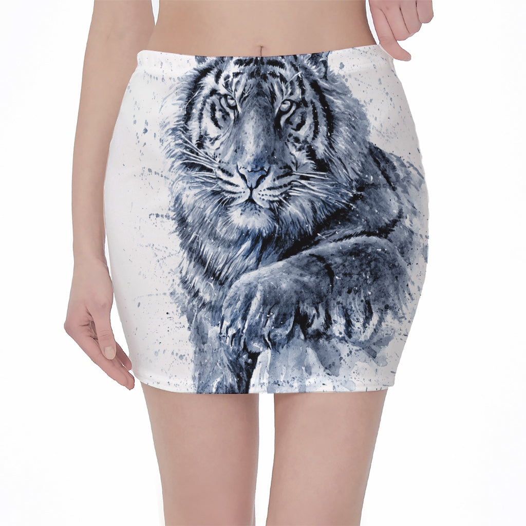 White Tiger Painting Print Pencil Mini Skirt