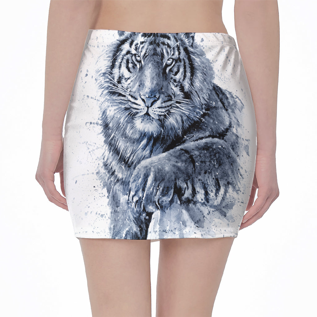 White Tiger Painting Print Pencil Mini Skirt