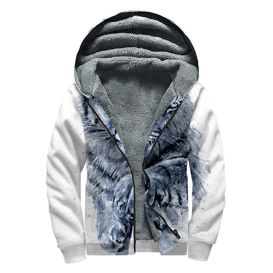White Tiger Painting Print Sherpa Lined Zip Up Hoodie