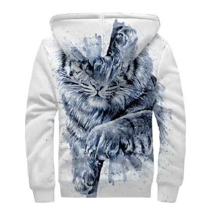 White Tiger Painting Print Sherpa Lined Zip Up Hoodie