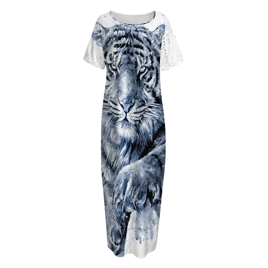 White Tiger Painting Print Short Sleeve Long Nightdress
