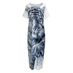 White Tiger Painting Print Short Sleeve Long Nightdress