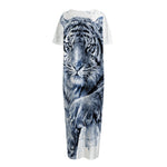 White Tiger Painting Print Short Sleeve Long Nightdress