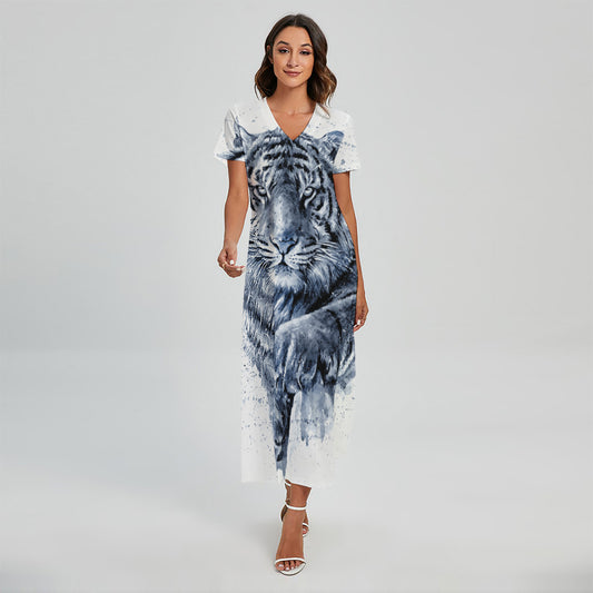White Tiger Painting Print Short Sleeve Maxi Dress