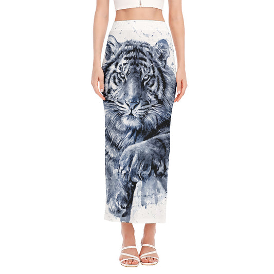White Tiger Painting Print Side Slit Maxi Skirt