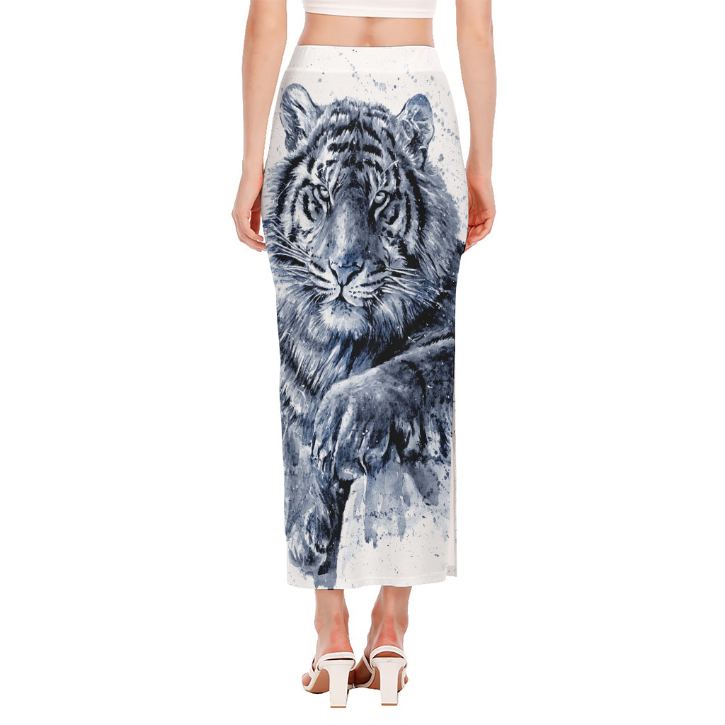 White Tiger Painting Print Side Slit Maxi Skirt