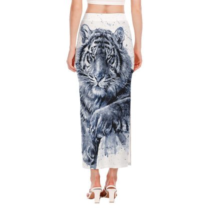 White Tiger Painting Print Side Slit Maxi Skirt