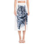 White Tiger Painting Print Side Slit Midi Skirt