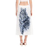 White Tiger Painting Print Side Slit Midi Skirt